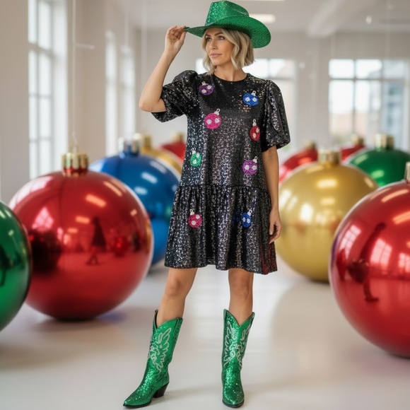 Peach Love California Dresses & Skirts - PEACH LOVE CALIFORNIA Christmas bulb sequin holiday dress S M L
